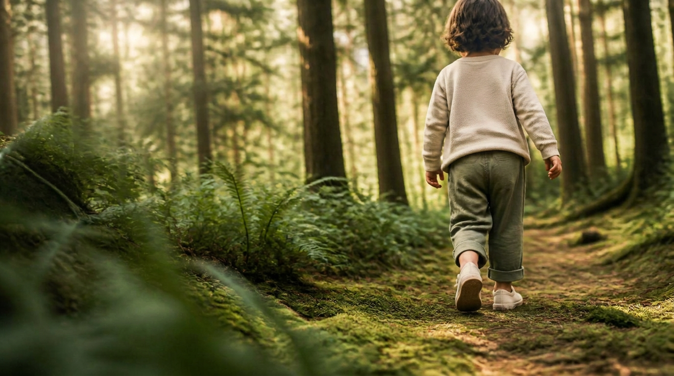 A child walking on a mossy forest path in minimal cream shoes
